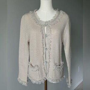 Roz & Ali Ivory Fringed Metallic 30% Wool Soft Cardigan-M